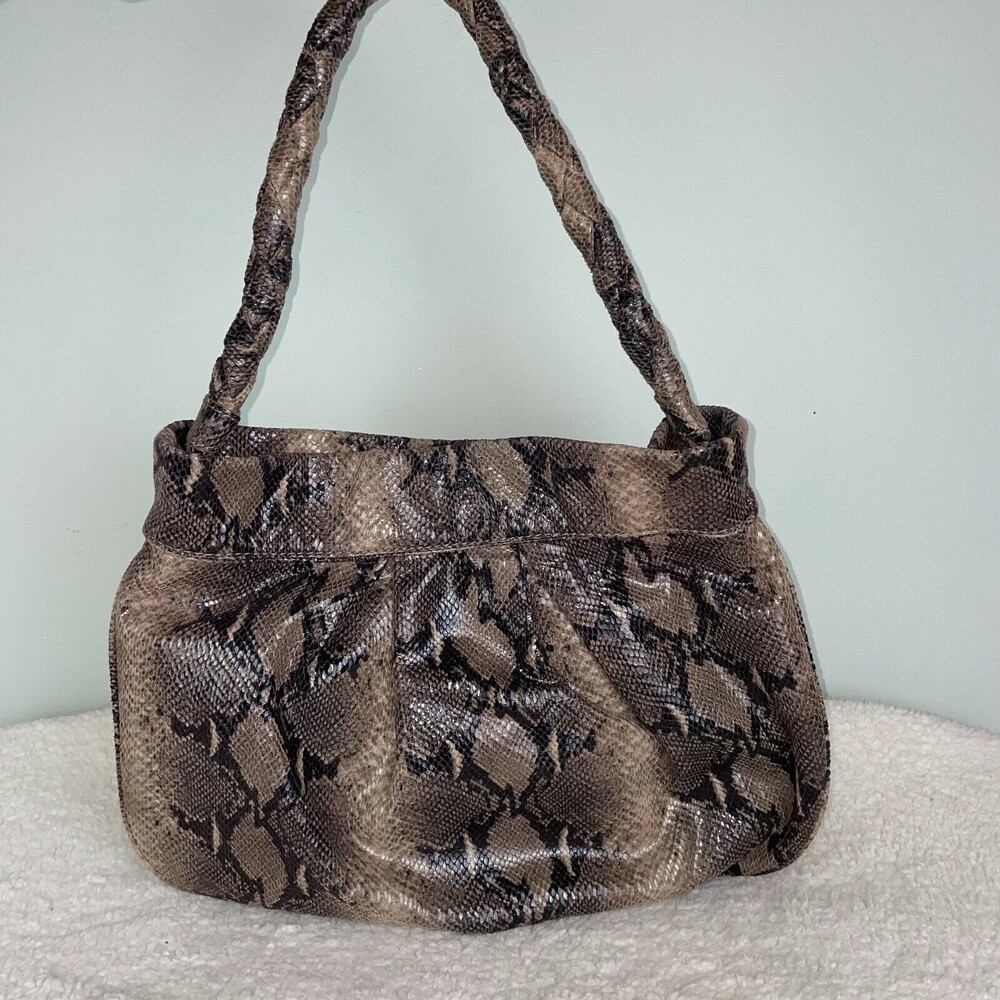 Gianni Bini Shimmer Snake Print Brown Grey Hobo Shoulder Bag Braided Handle EUC